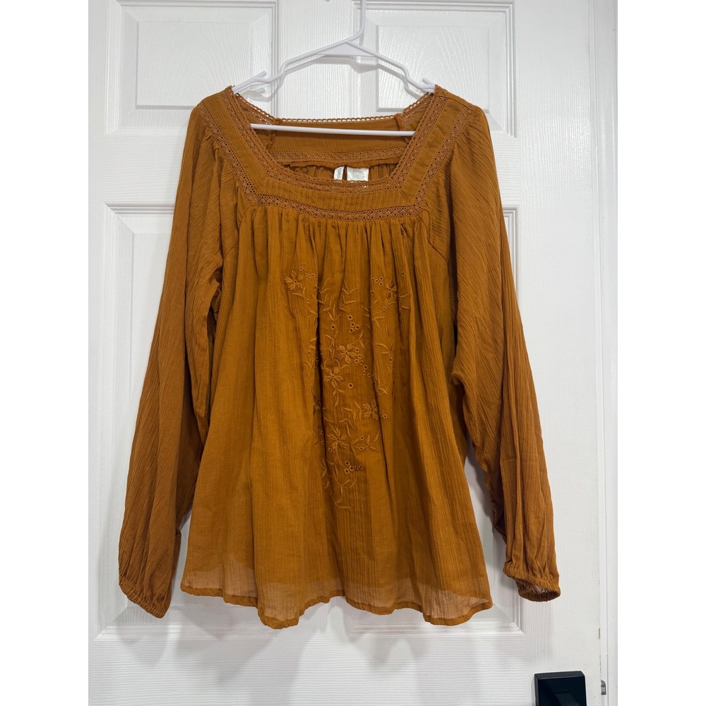 Forgotten Grace Gold Square Neck Embroidered Peasant Blouse XL Cotton Boho Top